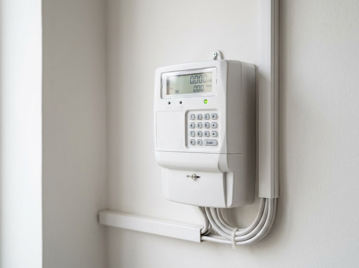 Smart prepaid electricity meter mounted on a wall, showing the units remaining
