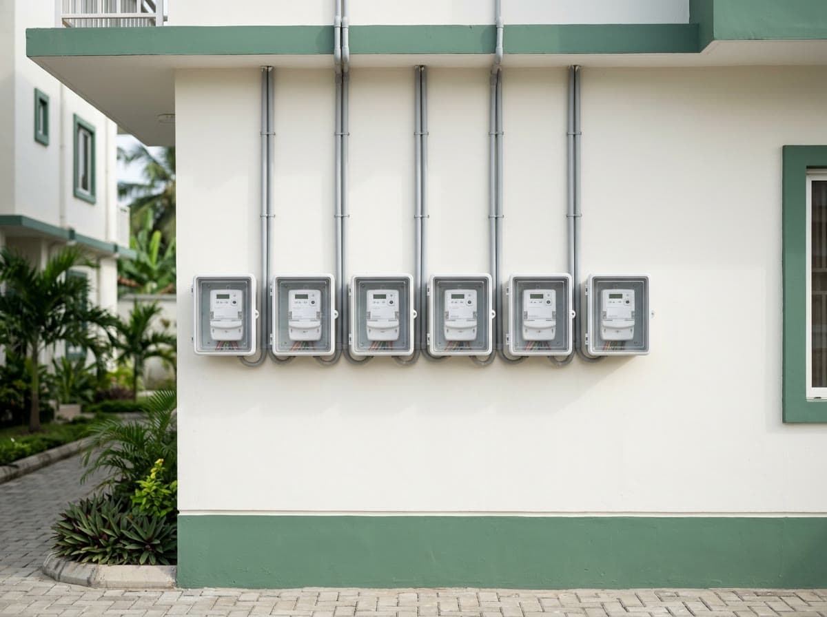Row of prepaid meters on the wall of a residential estate block