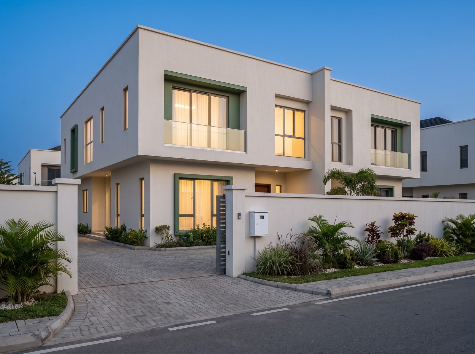 Modern Nigerian home at dusk with the lights on