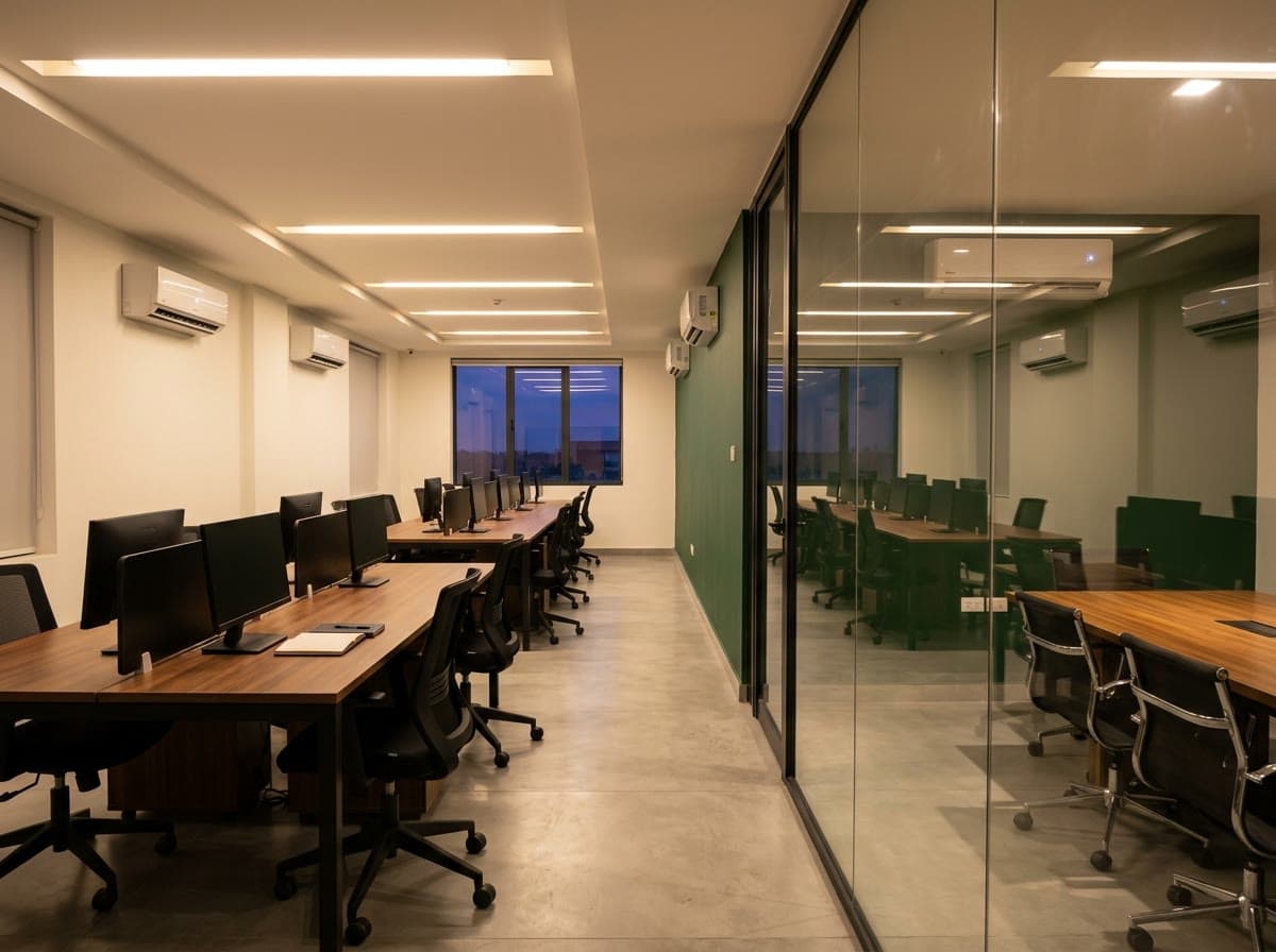 Empty modern open plan office with lighting and air conditioning running